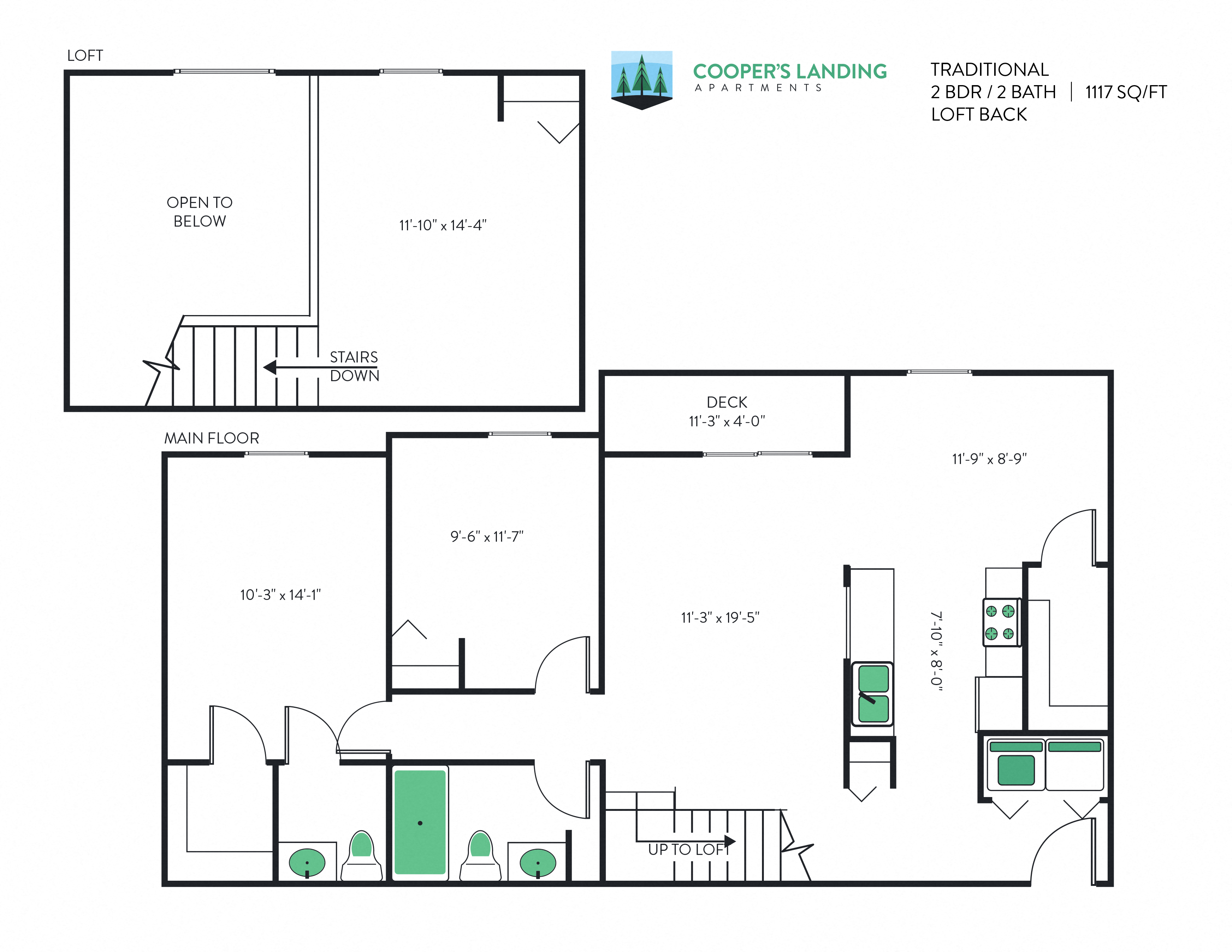 Floor plan for 2 beds, 1.5 baths, 1117 sqft